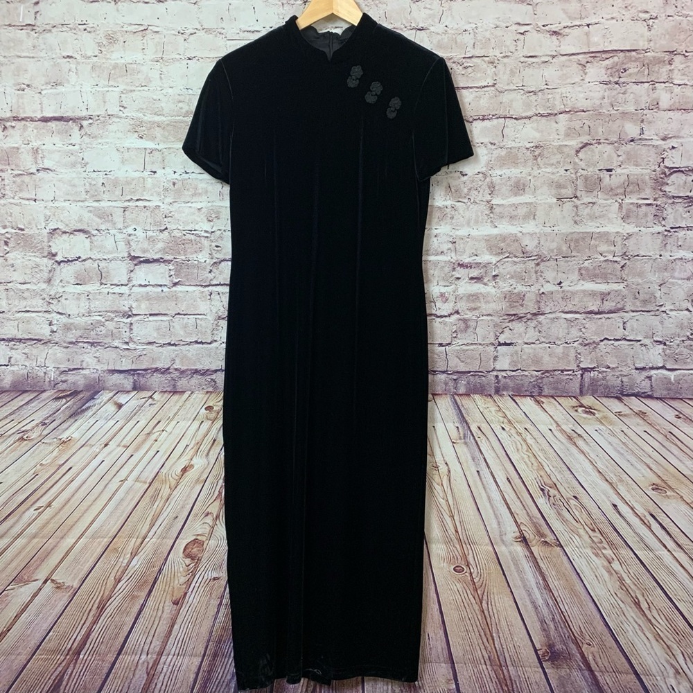 RJ & Co Black Velour Short Sleeve Formal Vintage Maxi Dress